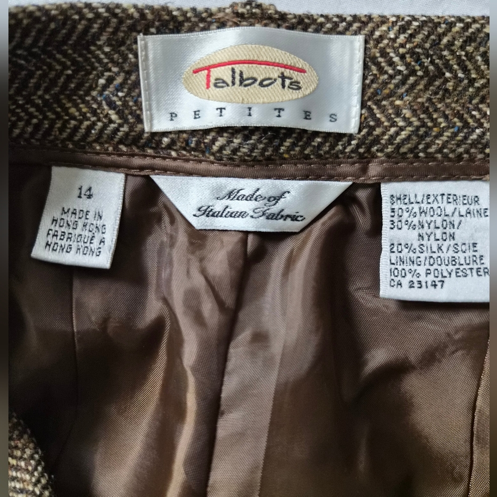 VTG Talbots Petite Italian Wool Silk Pantsuit | Brown Herringbone 2PC Set | 14P - Picture 2 of 16